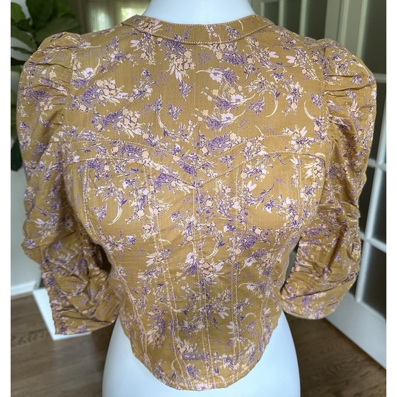 Free People Boho Floral Puff Sleeve Open Back Crop Top Mustard Purple Sz S - Picture 4 of 12
